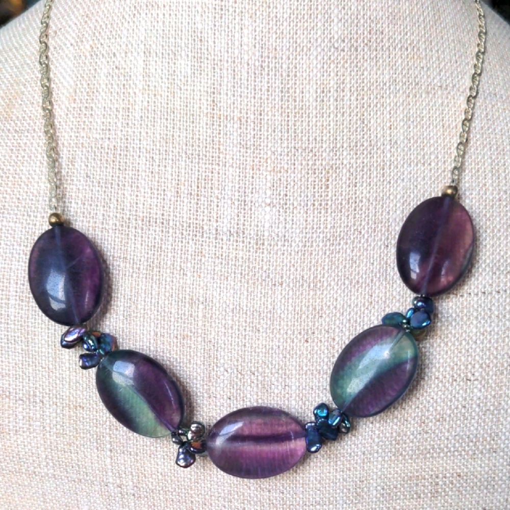 New Fluorite, Keshi Pearl Sterling Silver Necklace, Multi Color Genuine Gems